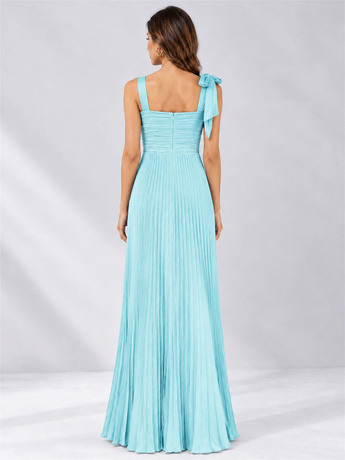Square Neck A-Line Pleated Satin Sleeveless Floor-Length Wedding Guest Dress