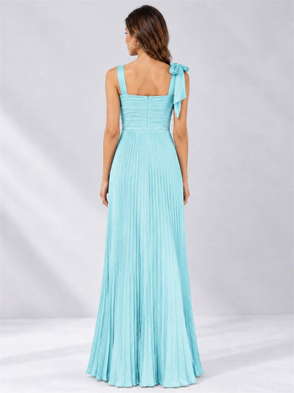 Square Neck A-Line Pleated Satin Sleeveless Floor-Length Wedding Guest Dress