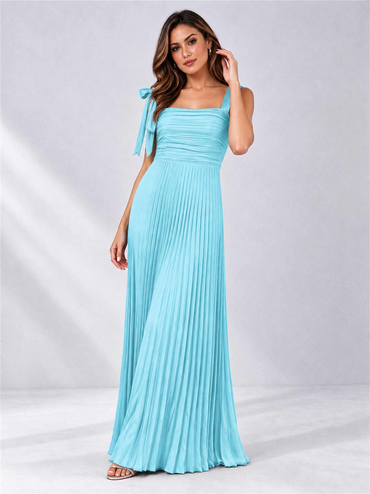 Square Neck A-Line Pleated Satin Sleeveless Floor-Length Wedding Guest Dress