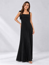 Square Neck A-Line Pleated Satin Sleeveless Floor-Length Wedding Guest Dress