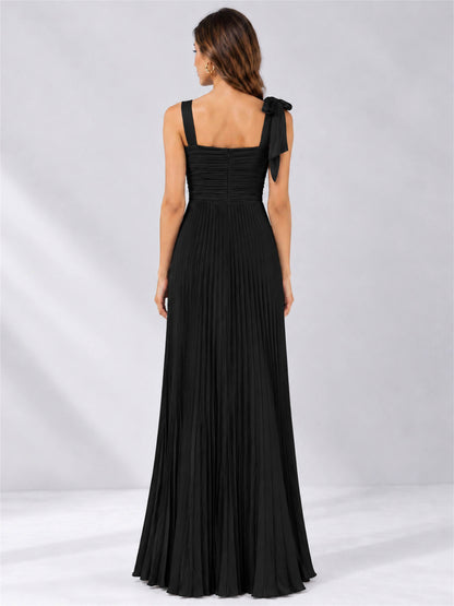 Square Neck A-Line Pleated Satin Sleeveless Floor-Length Wedding Guest Dress