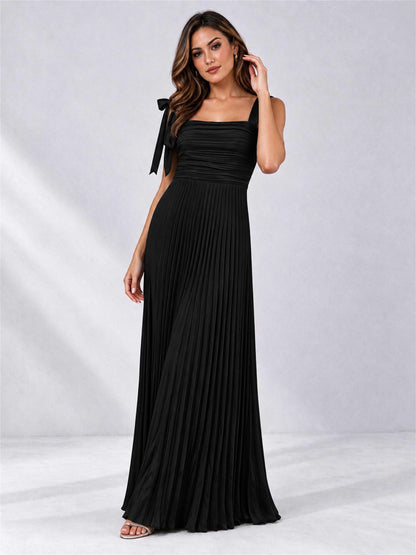 Square Neck A-Line Pleated Satin Sleeveless Floor-Length Wedding Guest Dress