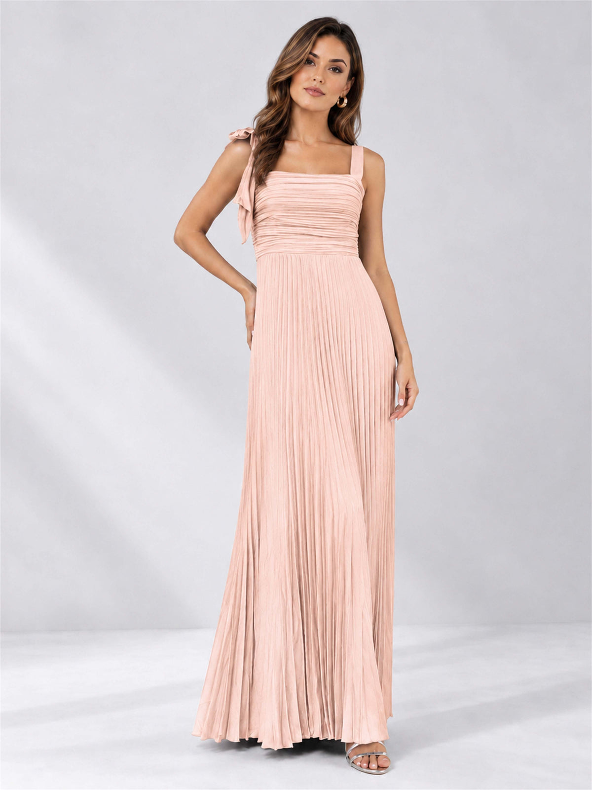Square Neck A-Line Pleated Satin Sleeveless Floor-Length Wedding Guest Dress