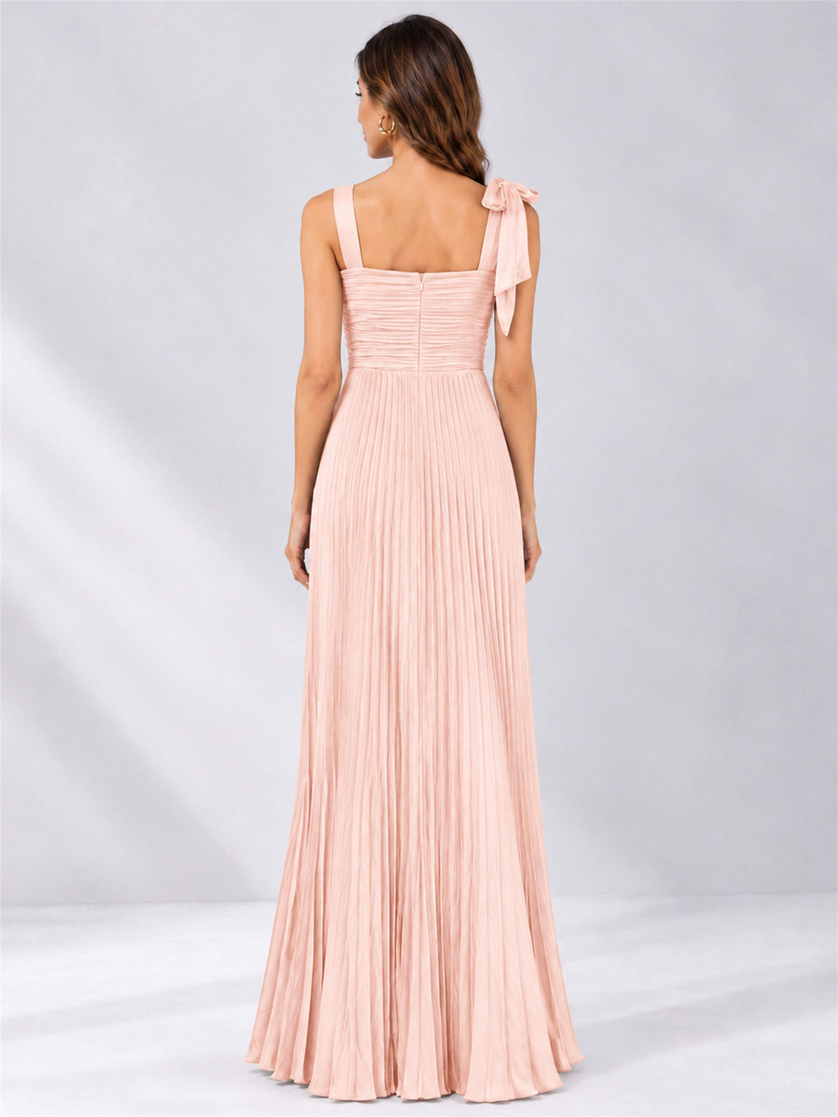Square Neck A-Line Pleated Satin Sleeveless Floor-Length Wedding Guest Dress