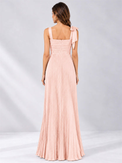 Square Neck A-Line Pleated Satin Sleeveless Floor-Length Wedding Guest Dress