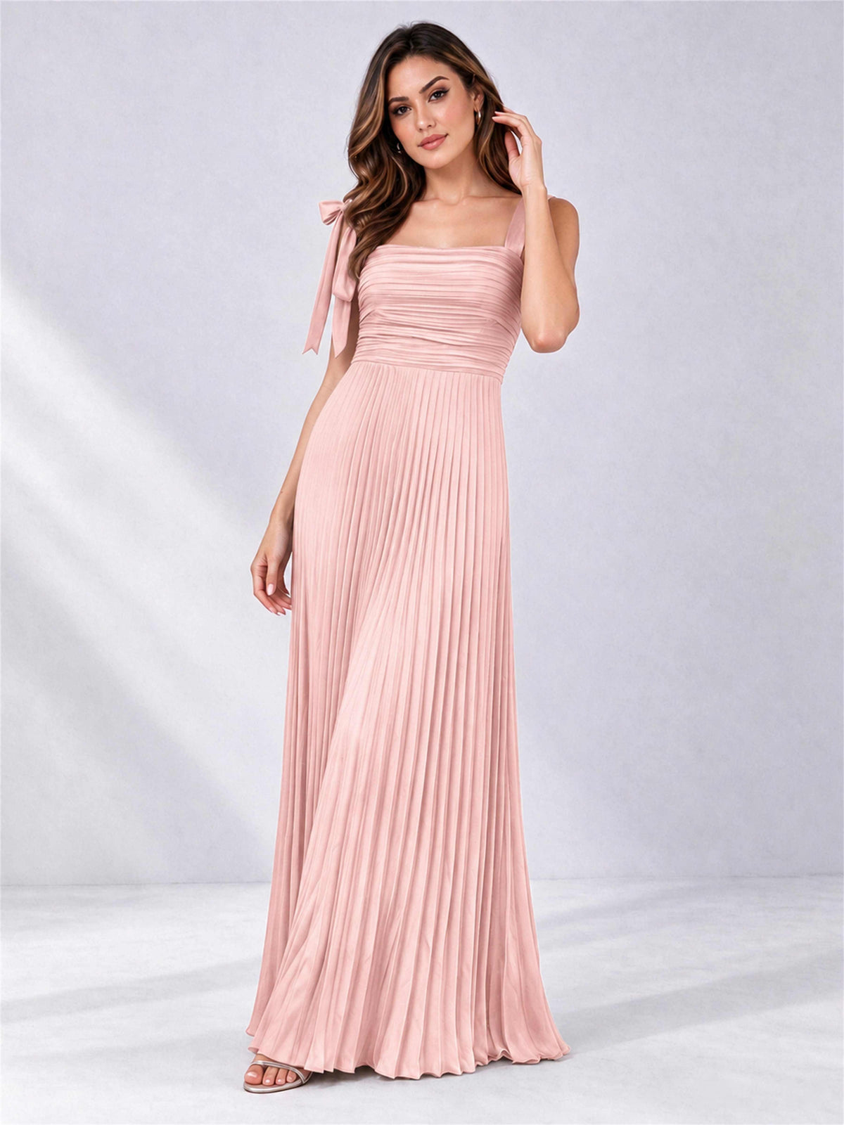 Square Neck A-Line Pleated Satin Sleeveless Floor-Length Wedding Guest Dress
