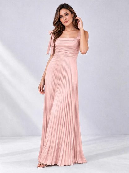 Square Neck A-Line Pleated Satin Sleeveless Floor-Length Wedding Guest Dress