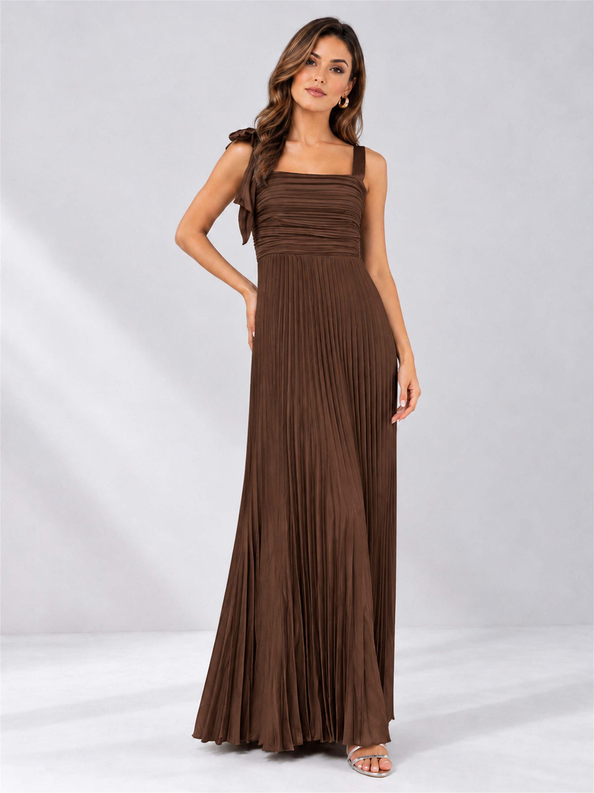 Square Neck A-Line Pleated Satin Sleeveless Floor-Length Wedding Guest Dress