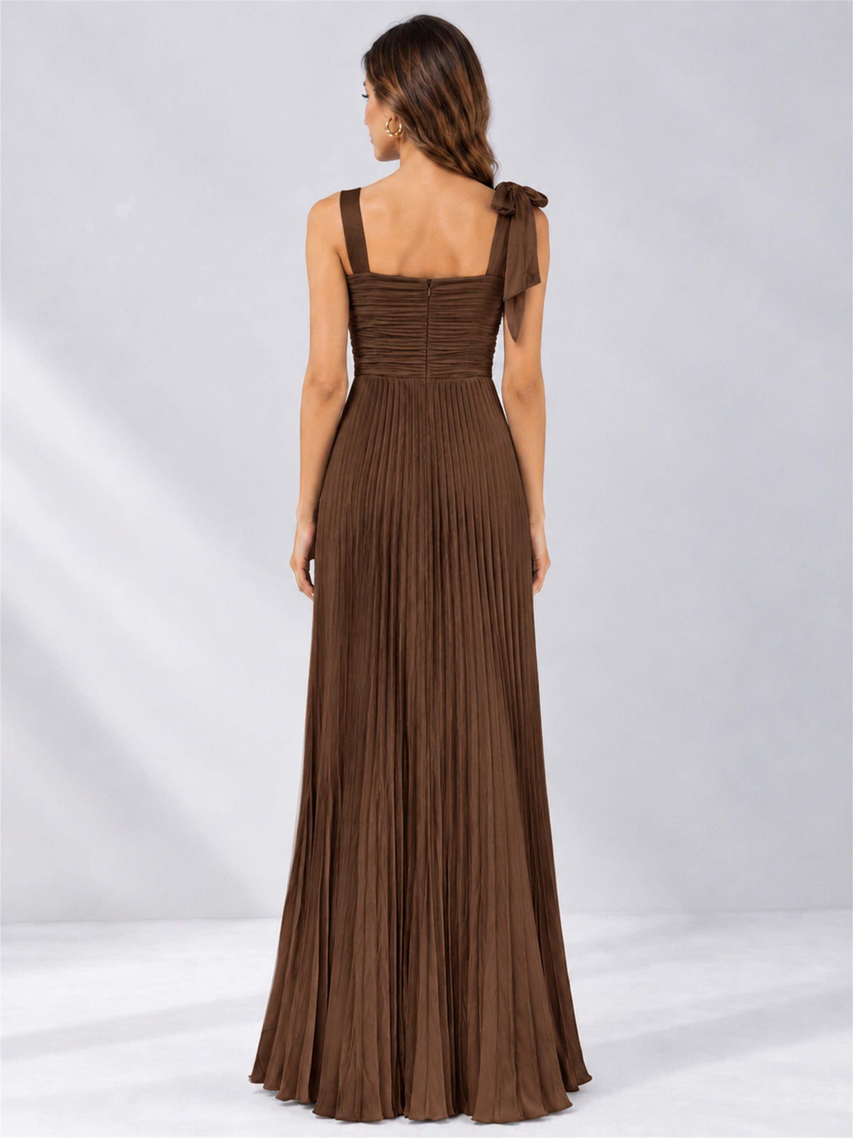 Square Neck A-Line Pleated Satin Sleeveless Floor-Length Wedding Guest Dress