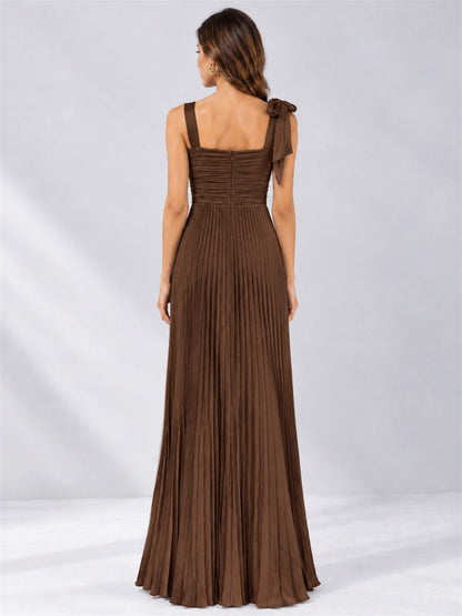 Square Neck A-Line Pleated Satin Sleeveless Floor-Length Wedding Guest Dress