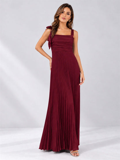 Square Neck A-Line Pleated Satin Sleeveless Floor-Length Wedding Guest Dress