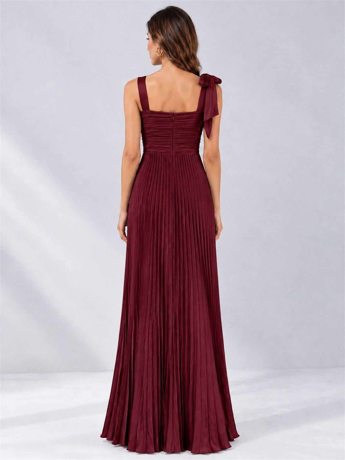 Square Neck A-Line Pleated Satin Sleeveless Floor-Length Wedding Guest Dress