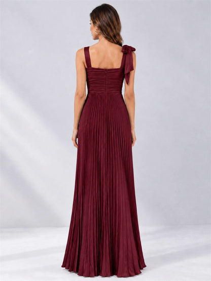 Square Neck A-Line Pleated Satin Sleeveless Floor-Length Wedding Guest Dress