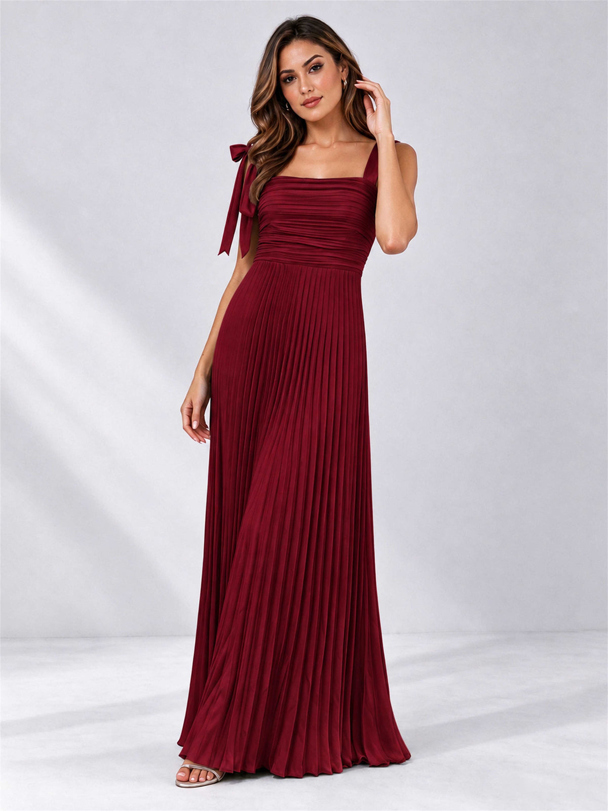 Square Neck A-Line Pleated Satin Sleeveless Floor-Length Wedding Guest Dress