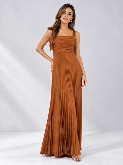 Square Neck A-Line Pleated Satin Sleeveless Floor-Length Wedding Guest Dress