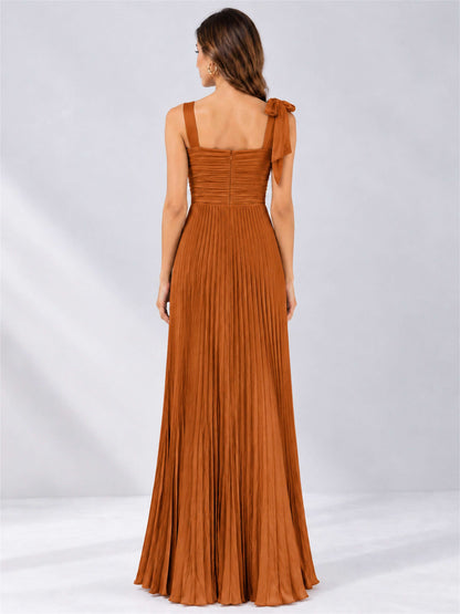 Square Neck A-Line Pleated Satin Sleeveless Floor-Length Wedding Guest Dress