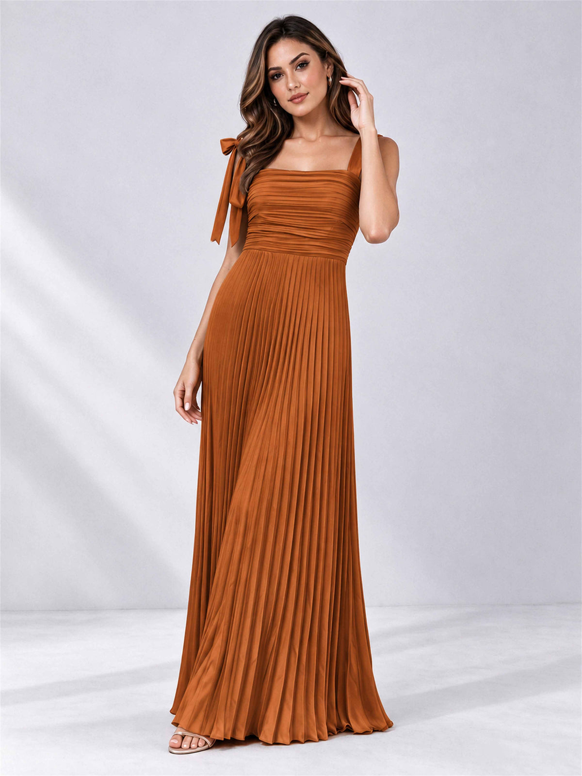 Square Neck A-Line Pleated Satin Sleeveless Floor-Length Wedding Guest Dress