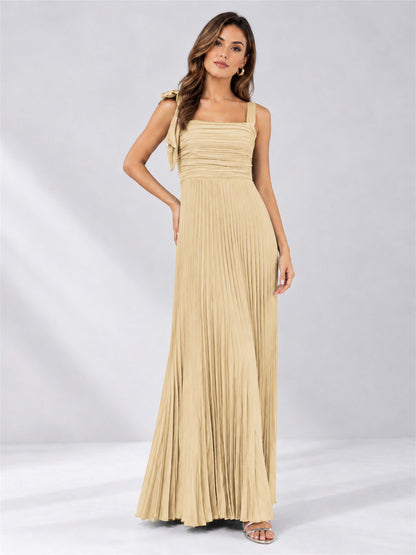 Square Neck A-Line Pleated Satin Sleeveless Floor-Length Wedding Guest Dress