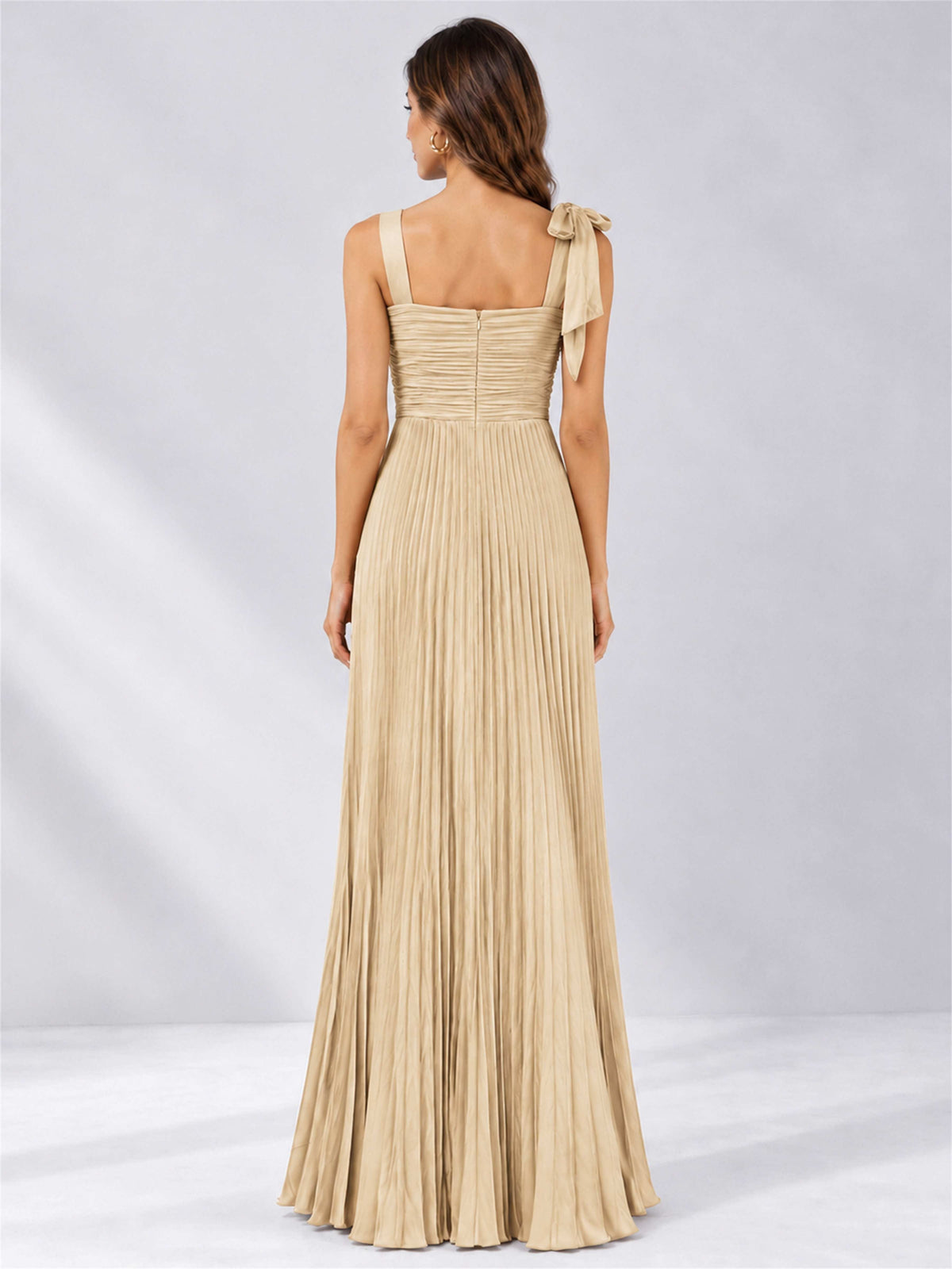 Square Neck A-Line Pleated Satin Sleeveless Floor-Length Wedding Guest Dress