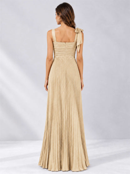 Square Neck A-Line Pleated Satin Sleeveless Floor-Length Wedding Guest Dress
