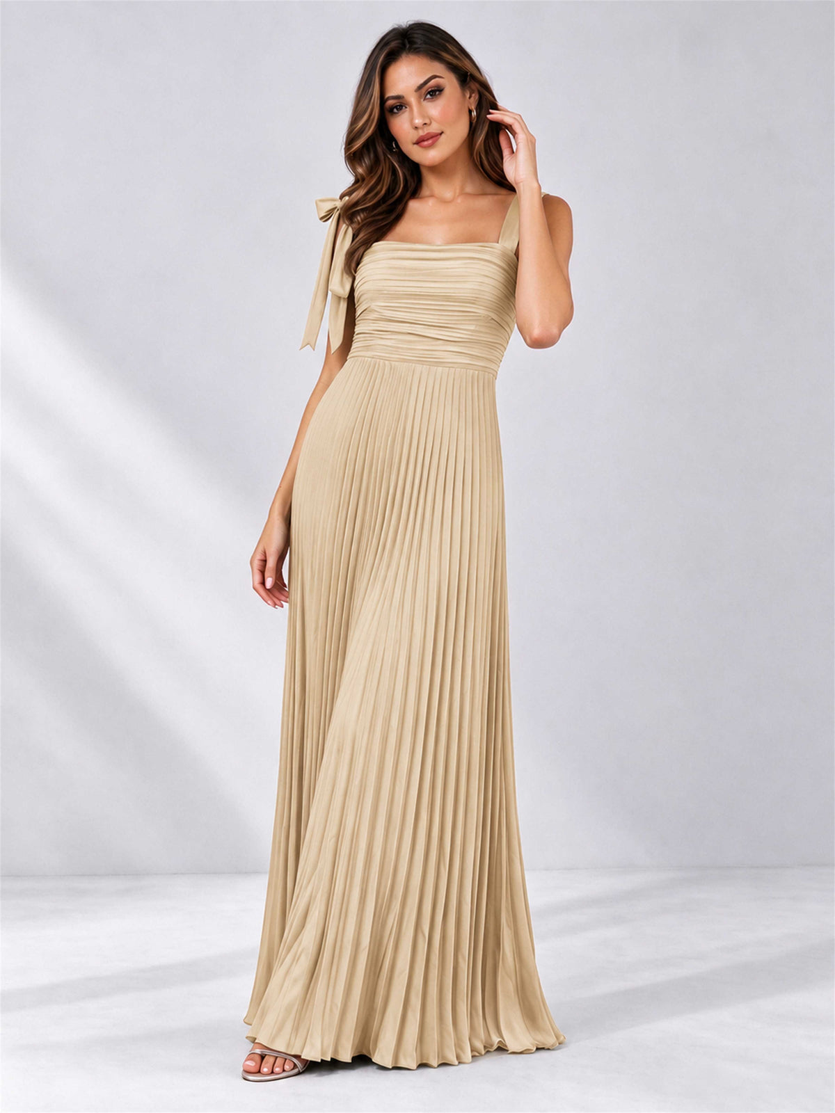 Square Neck A-Line Pleated Satin Sleeveless Floor-Length Wedding Guest Dress