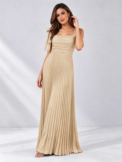 Square Neck A-Line Pleated Satin Sleeveless Floor-Length Wedding Guest Dress
