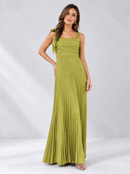 Square Neck A-Line Pleated Satin Sleeveless Floor-Length Wedding Guest Dress