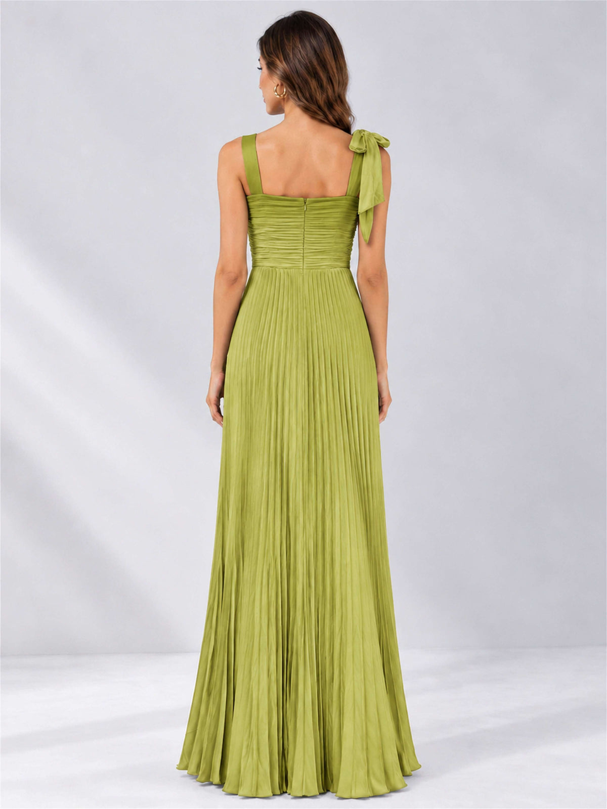 Square Neck A-Line Pleated Satin Sleeveless Floor-Length Wedding Guest Dress