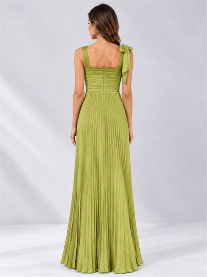 Square Neck A-Line Pleated Satin Sleeveless Floor-Length Wedding Guest Dress