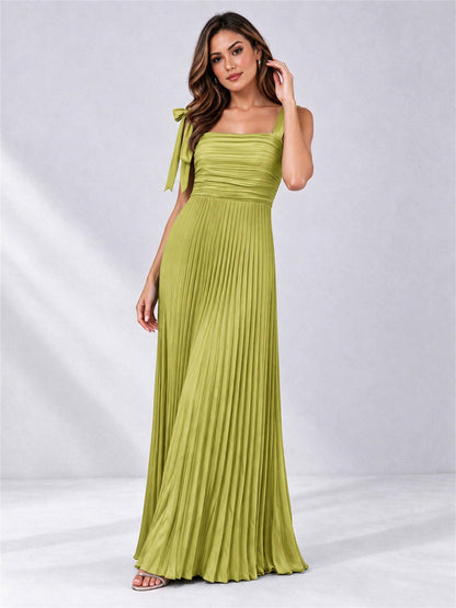 Square Neck A-Line Pleated Satin Sleeveless Floor-Length Wedding Guest Dress