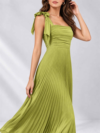 Square Neck A-Line Pleated Satin Sleeveless Floor-Length Wedding Guest Dress