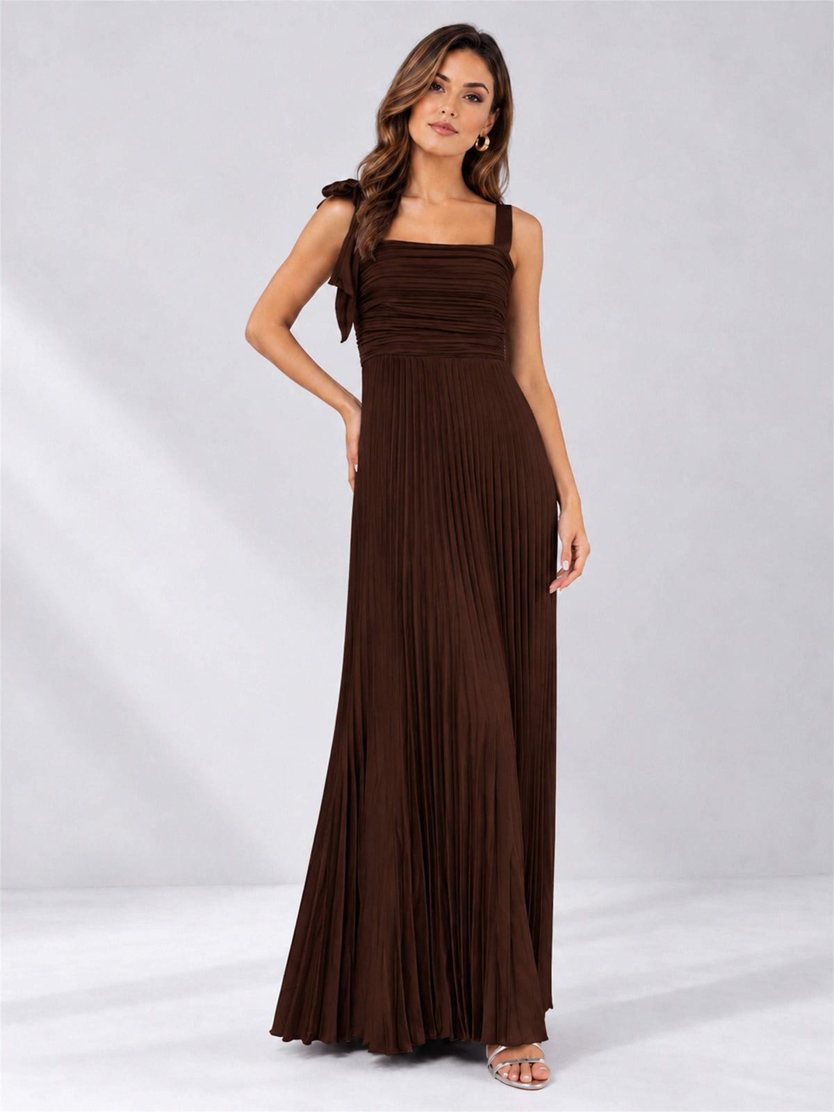 Square Neck A-Line Pleated Satin Sleeveless Floor-Length Wedding Guest Dress