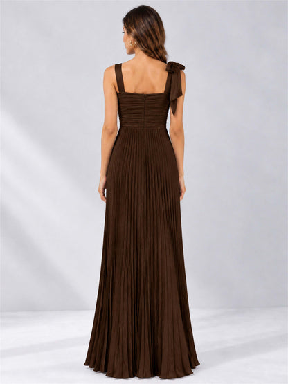 Square Neck A-Line Pleated Satin Sleeveless Floor-Length Wedding Guest Dress