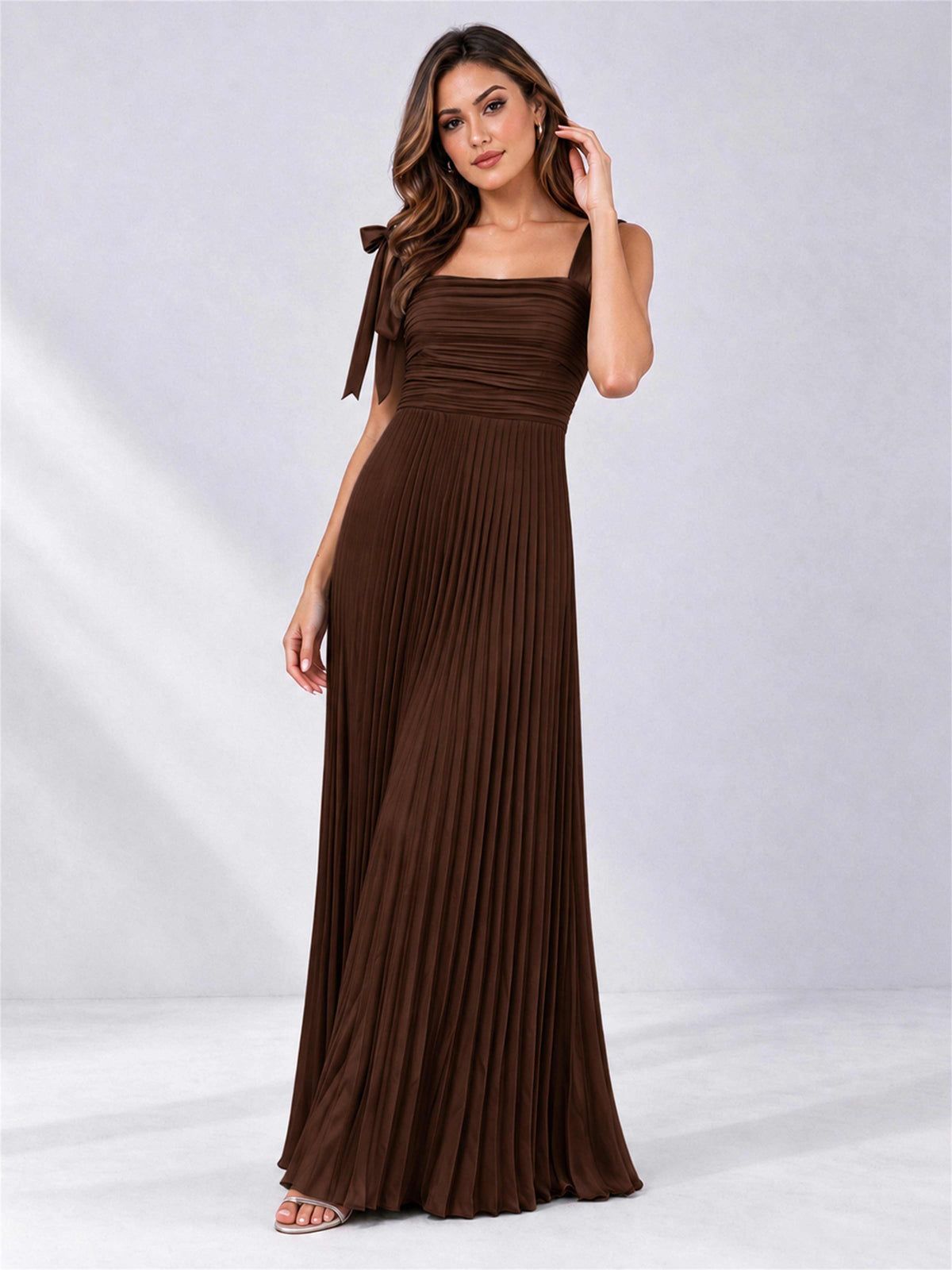 Square Neck A-Line Pleated Satin Sleeveless Floor-Length Wedding Guest Dress
