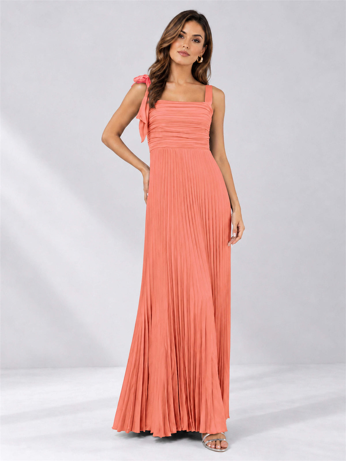 Square Neck A-Line Pleated Satin Sleeveless Floor-Length Wedding Guest Dress