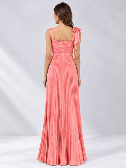 Square Neck A-Line Pleated Satin Sleeveless Floor-Length Wedding Guest Dress