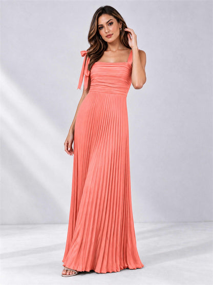 Square Neck A-Line Pleated Satin Sleeveless Floor-Length Wedding Guest Dress