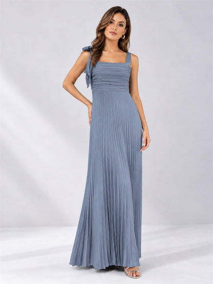 Square Neck A-Line Pleated Satin Sleeveless Floor-Length Wedding Guest Dress
