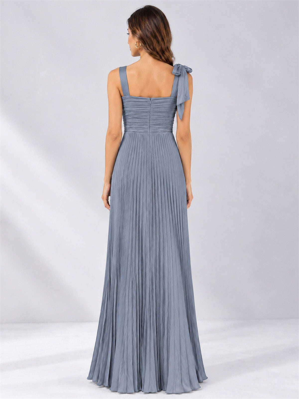 Square Neck A-Line Pleated Satin Sleeveless Floor-Length Wedding Guest Dress