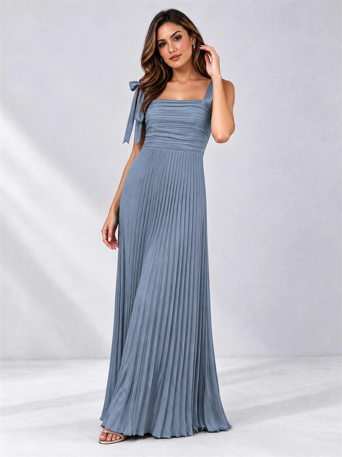 Square Neck A-Line Pleated Satin Sleeveless Floor-Length Wedding Guest Dress