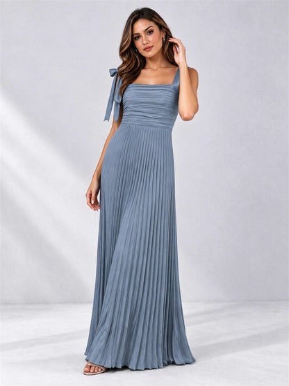 Square Neck A-Line Pleated Satin Sleeveless Floor-Length Wedding Guest Dress