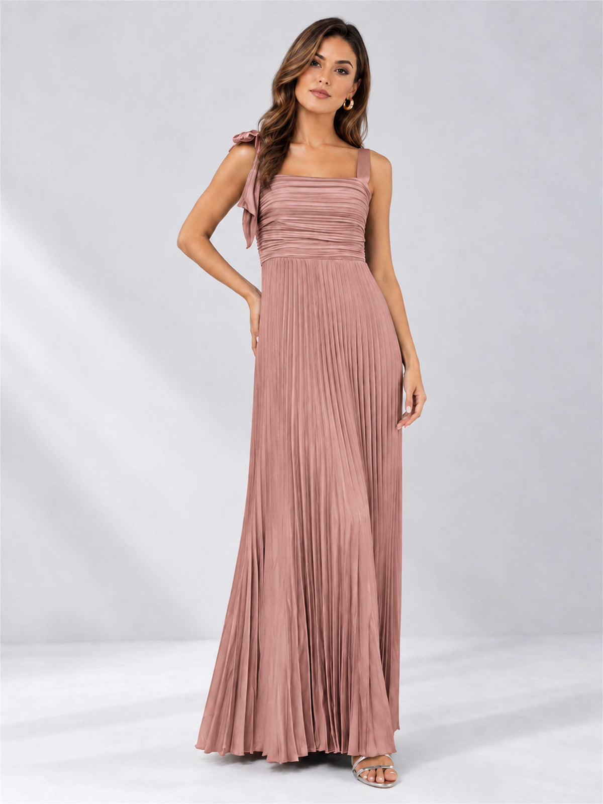Square Neck A-Line Pleated Satin Sleeveless Floor-Length Wedding Guest Dress
