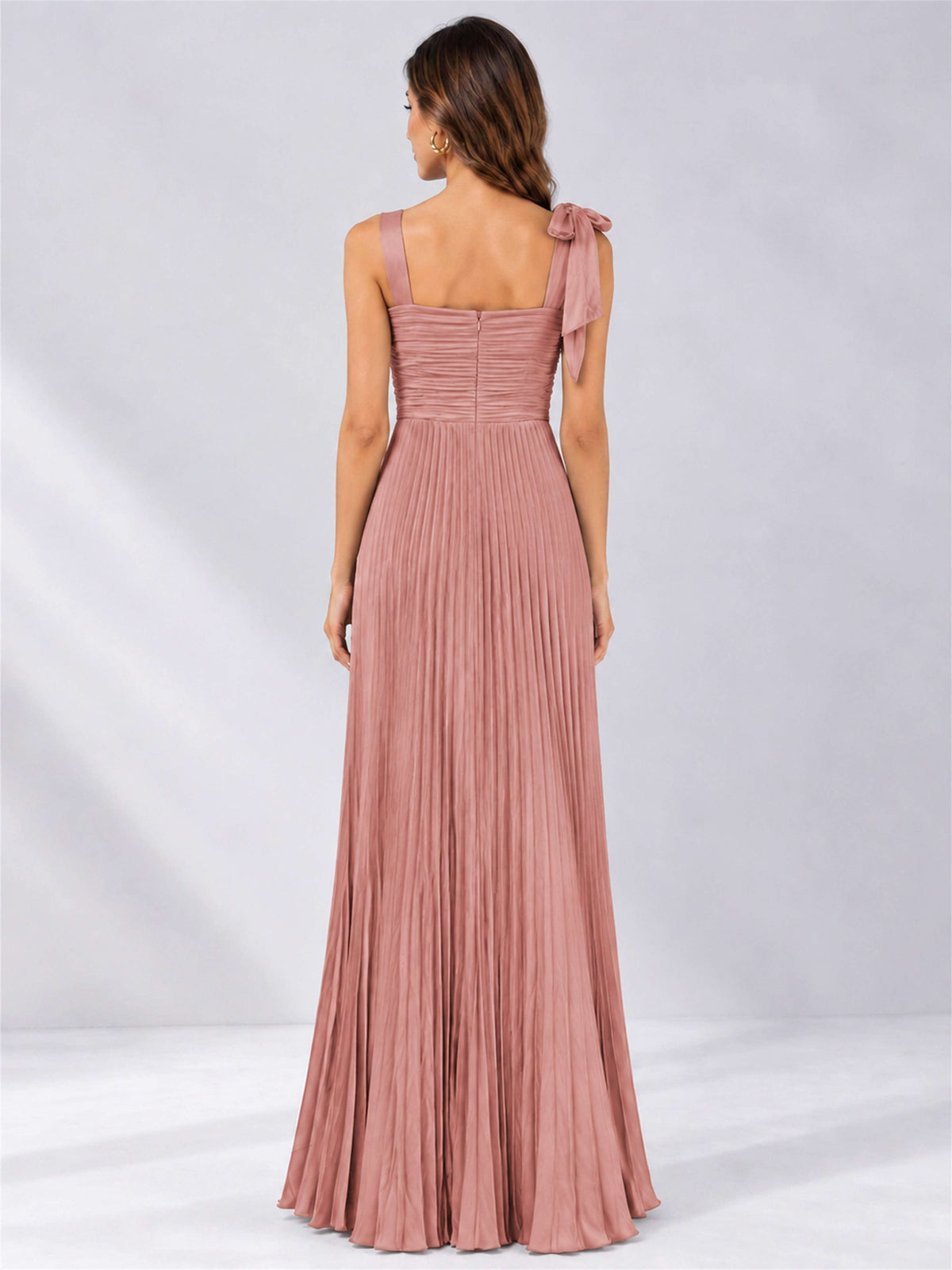 Square Neck A-Line Pleated Satin Sleeveless Floor-Length Wedding Guest Dress