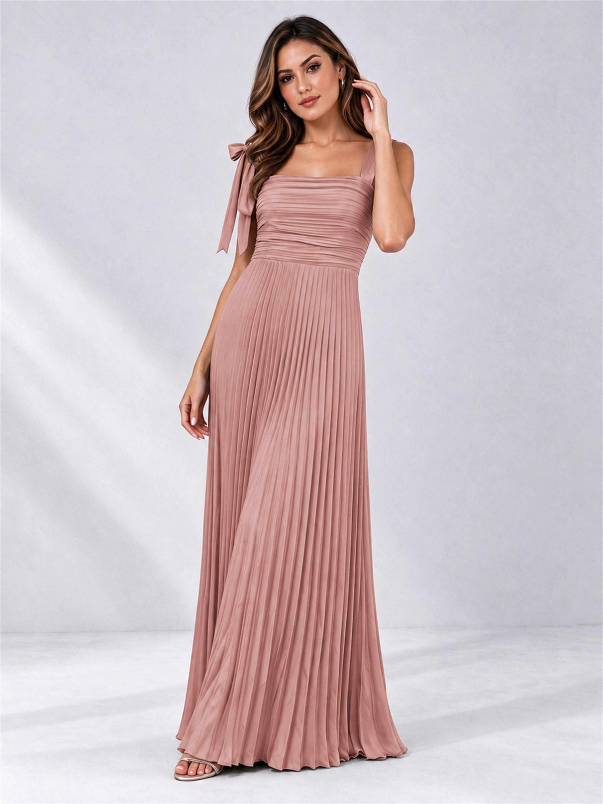 Square Neck A-Line Pleated Satin Sleeveless Floor-Length Wedding Guest Dress