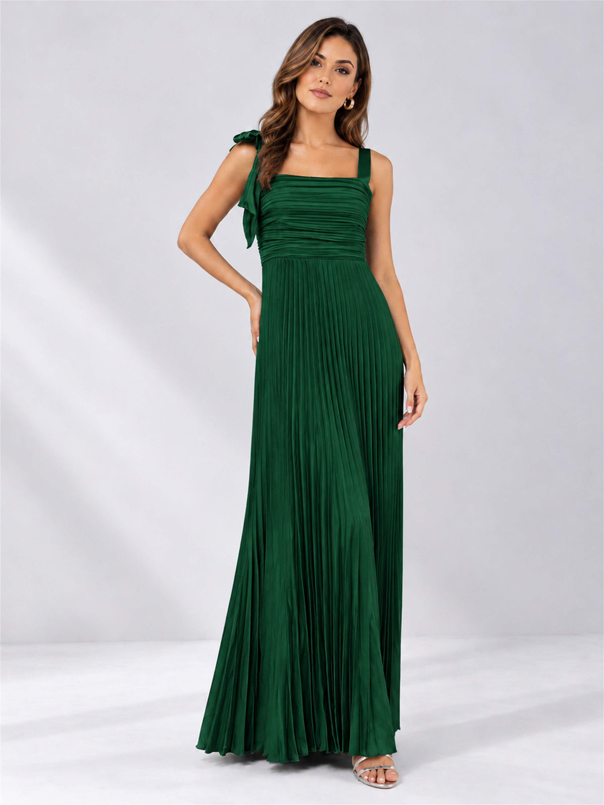 Square Neck A-Line Pleated Satin Sleeveless Floor-Length Wedding Guest Dress