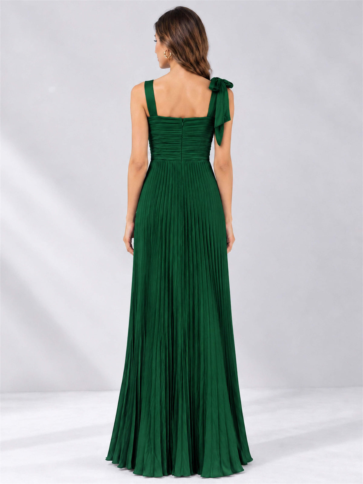 Square Neck A-Line Pleated Satin Sleeveless Floor-Length Wedding Guest Dress