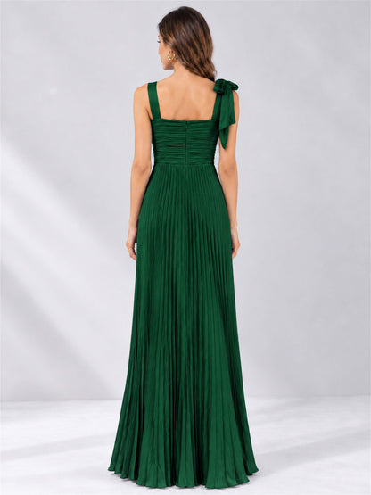 Square Neck A-Line Pleated Satin Sleeveless Floor-Length Wedding Guest Dress