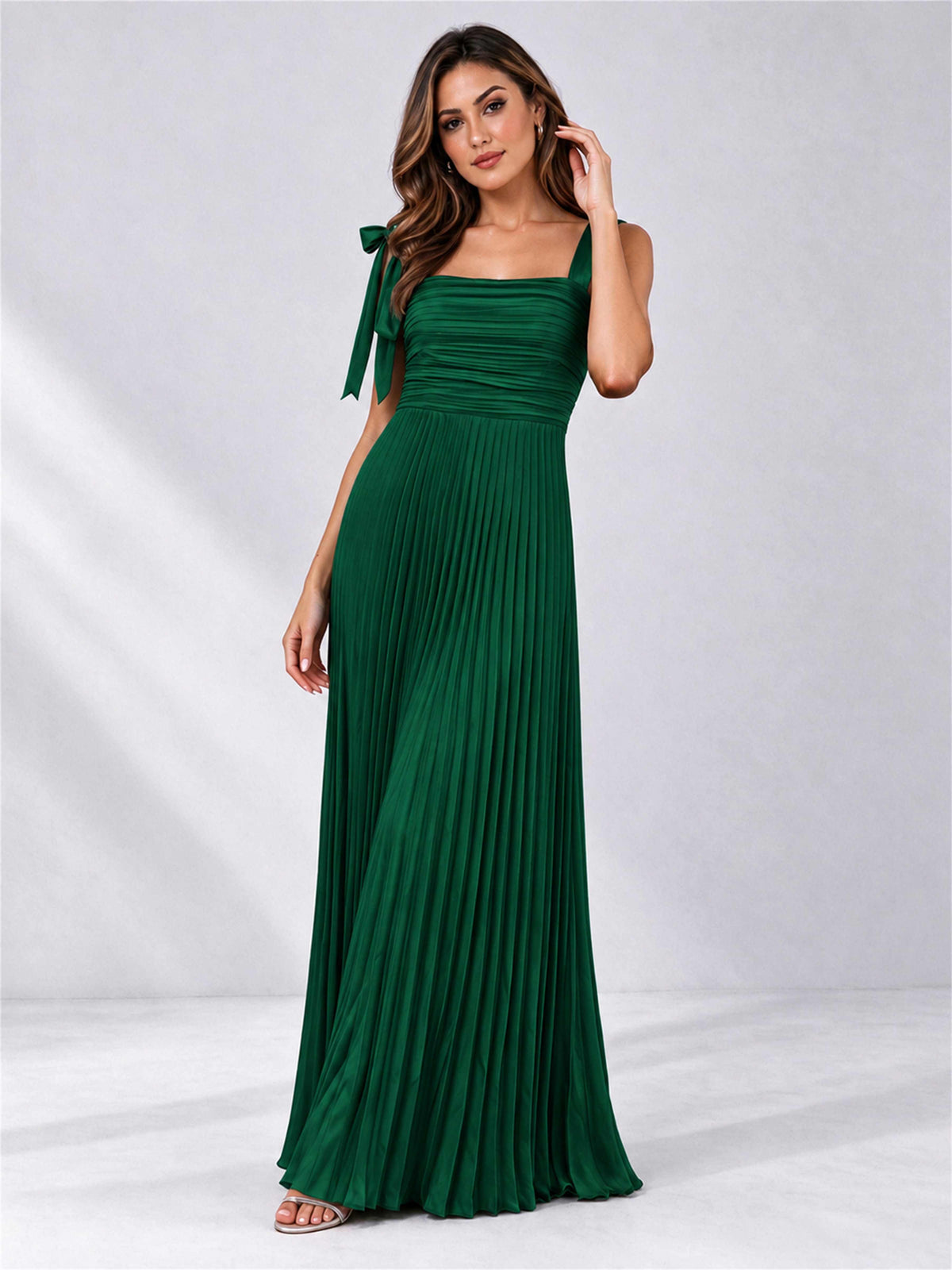 Square Neck A-Line Pleated Satin Sleeveless Floor-Length Wedding Guest Dress