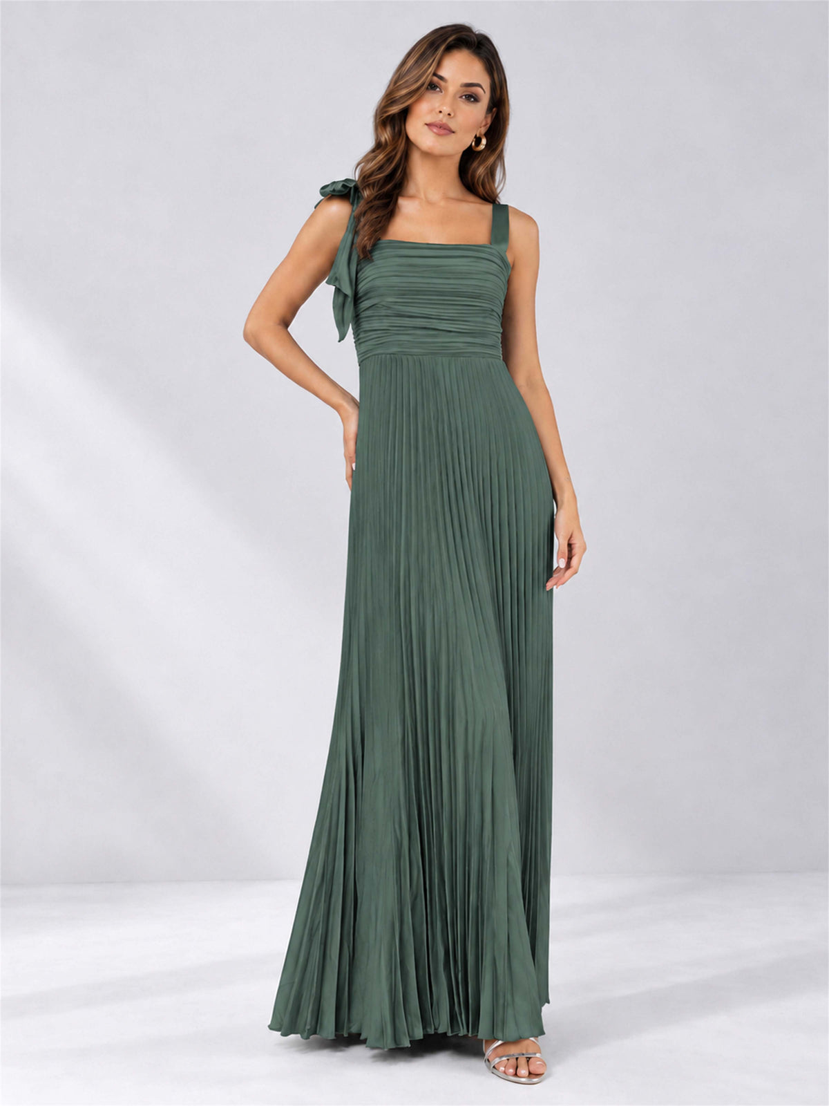 Square Neck A-Line Pleated Satin Sleeveless Floor-Length Wedding Guest Dress
