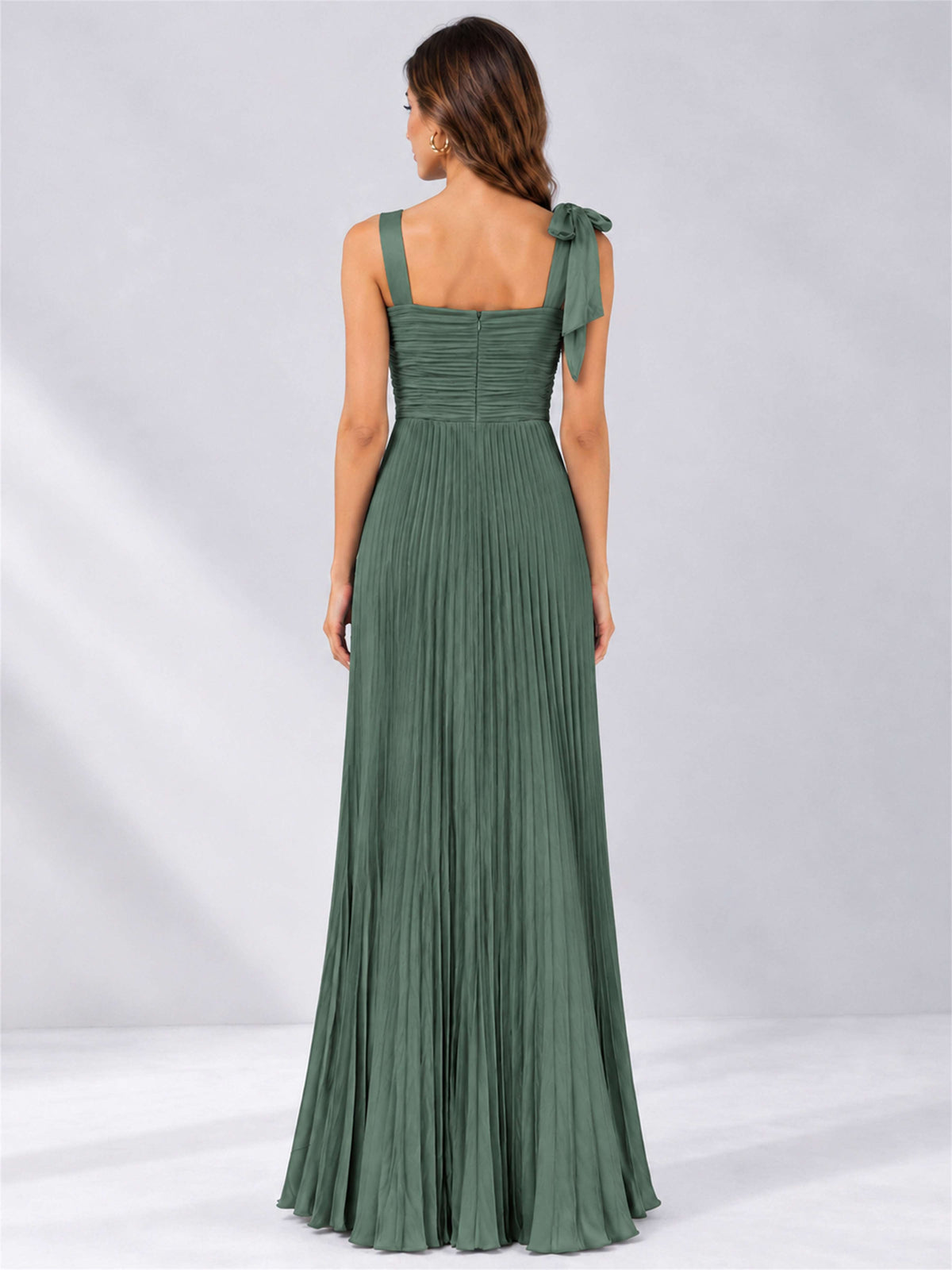 Square Neck A-Line Pleated Satin Sleeveless Floor-Length Wedding Guest Dress
